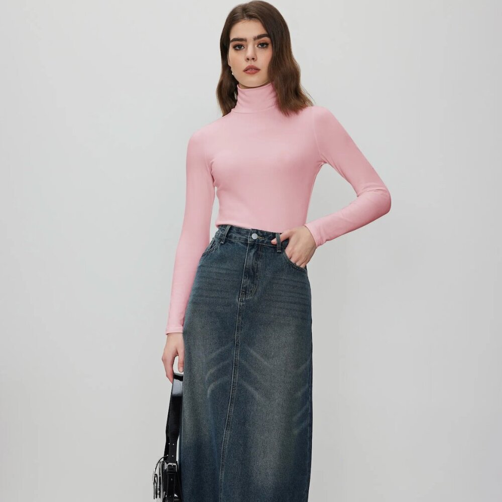 Cider Pink Solid High Neck Jersey Long Sleeve - XS, New